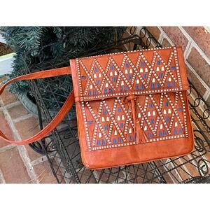 Tuareg Camel Skin Leather Handbag Handcrafted Morocco Boho Fringe Tassel
